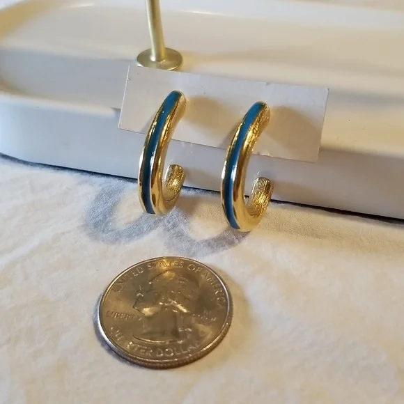 Vintage Teal & Gold Half Hoop Earrings - Picture 7 of 9